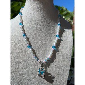 Girl's Children's Pearl & Blue Crystal Necklace -- 16"